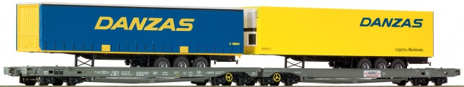 Double unit rolling road Flat car HUPAC with 2 trailers Danzas<br /><a href='images/pictures/Roco/161468.jpg' target='_blank'>Full size image</a>